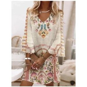 NWT beige floral ruffle 3/4 bell sleeve mini dress L garden graphic